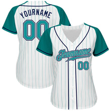 Load image into Gallery viewer, Custom White Aqua Pinstripe Aqua-Navy Authentic Raglan Sleeves Baseball Jersey
