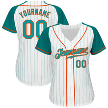 Load image into Gallery viewer, Custom White Aqua Pinstripe Aqua-Orange Authentic Raglan Sleeves Baseball Jersey
