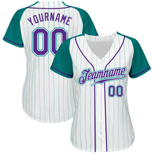Load image into Gallery viewer, Custom White Aqua Pinstripe Purple-Aqua Authentic Raglan Sleeves Baseball Jersey
