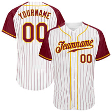 Load image into Gallery viewer, Custom White Crimson Pinstripe Crimson-Gold Authentic Raglan Sleeves Baseball Jersey
