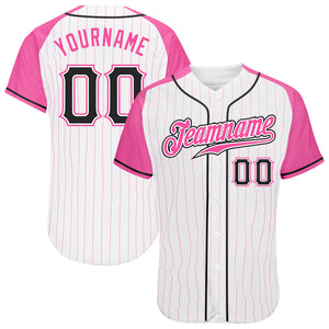 Custom White Pink Pinstripe Black-Pink Authentic Raglan Sleeves Baseball Jersey