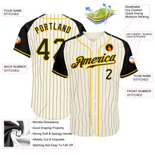 Load image into Gallery viewer, Custom Cream Black Pinstripe Black-Gold Authentic Raglan Sleeves Baseball Jersey
