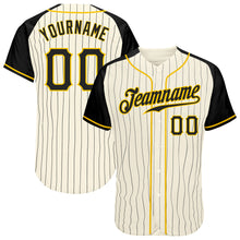 Load image into Gallery viewer, Custom Cream Black Pinstripe Black-Gold Authentic Raglan Sleeves Baseball Jersey
