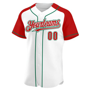 Custom White Red-Kelly Green Authentic Raglan Sleeves Baseball Jersey