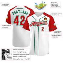 Load image into Gallery viewer, Custom White Red-Kelly Green Authentic Raglan Sleeves Baseball Jersey
