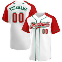 Load image into Gallery viewer, Custom White Red-Kelly Green Authentic Raglan Sleeves Baseball Jersey
