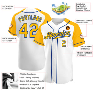 Custom White Gold-Royal Authentic Raglan Sleeves Baseball Jersey
