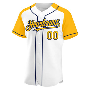 Custom White Gold-Navy Authentic Raglan Sleeves Baseball Jersey