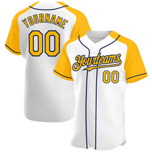 Load image into Gallery viewer, Custom White Gold-Navy Authentic Raglan Sleeves Baseball Jersey
