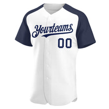 Load image into Gallery viewer, Custom White Navy Authentic Raglan Sleeves Baseball Jersey
