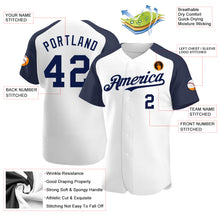Load image into Gallery viewer, Custom White Navy Authentic Raglan Sleeves Baseball Jersey
