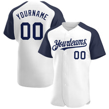 Load image into Gallery viewer, Custom White Navy Authentic Raglan Sleeves Baseball Jersey
