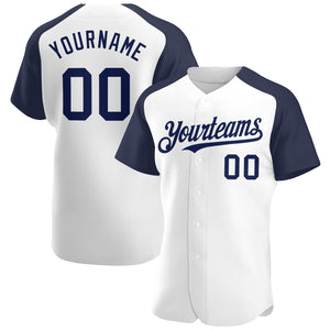 Custom White Navy Authentic Raglan Sleeves Baseball Jersey