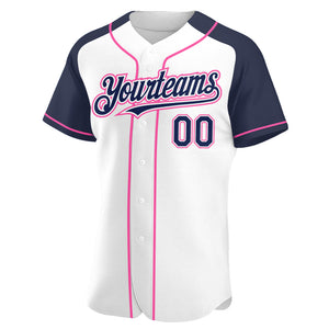 Custom White Navy-Pink Authentic Raglan Sleeves Baseball Jersey