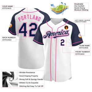 Custom White Navy-Pink Authentic Raglan Sleeves Baseball Jersey