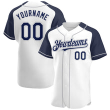 Load image into Gallery viewer, Custom White Navy-Gray Authentic Raglan Sleeves Baseball Jersey
