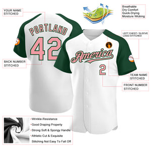 Custom White Medium Pink-Green Authentic Raglan Sleeves Baseball Jersey