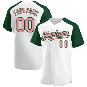 Custom White Medium Pink-Green Authentic Raglan Sleeves Baseball Jersey