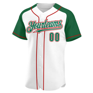 Custom White Kelly Green-Red Authentic Raglan Sleeves Baseball Jersey