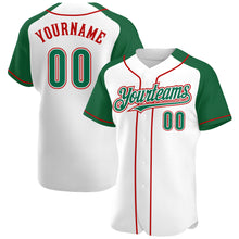 Load image into Gallery viewer, Custom White Kelly Green-Red Authentic Raglan Sleeves Baseball Jersey
