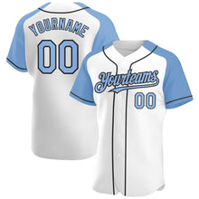 Load image into Gallery viewer, Custom White Light Blue-Black Authentic Raglan Sleeves Baseball Jersey

