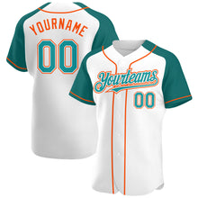 Load image into Gallery viewer, Custom White Teal-Orange Authentic Raglan Sleeves Baseball Jersey
