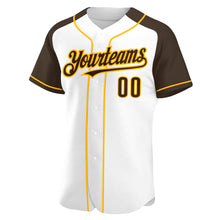 Load image into Gallery viewer, Custom White Brown-Gold Authentic Raglan Sleeves Baseball Jersey
