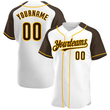 Load image into Gallery viewer, Custom White Brown-Gold Authentic Raglan Sleeves Baseball Jersey
