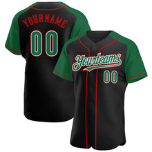 Load image into Gallery viewer, Custom Black Kelly Green-Red Authentic Raglan Sleeves Baseball Jersey
