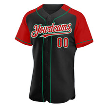 Load image into Gallery viewer, Custom Black Red-Kelly Green Authentic Raglan Sleeves Baseball Jersey
