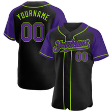 Load image into Gallery viewer, Custom Black Purple-Neon Green Authentic Raglan Sleeves Baseball Jersey
