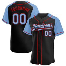 Load image into Gallery viewer, Custom Black Light Blue-Red Authentic Raglan Sleeves Baseball Jersey
