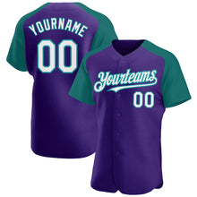 Load image into Gallery viewer, Custom Purple White-Teal Authentic Raglan Sleeves Baseball Jersey
