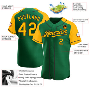 Custom Kelly Green Gold-Black Authentic Raglan Sleeves Baseball Jersey