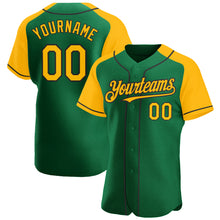 Load image into Gallery viewer, Custom Kelly Green Gold-Black Authentic Raglan Sleeves Baseball Jersey
