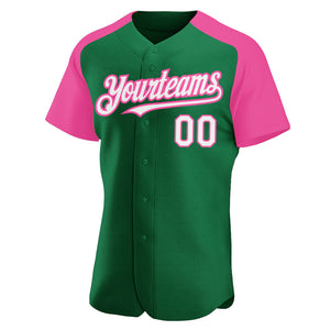 Custom Kelly Green White-Pink Authentic Raglan Sleeves Baseball Jersey