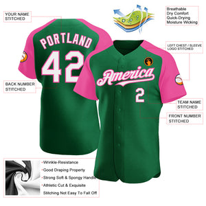 Custom Kelly Green White-Pink Authentic Raglan Sleeves Baseball Jersey