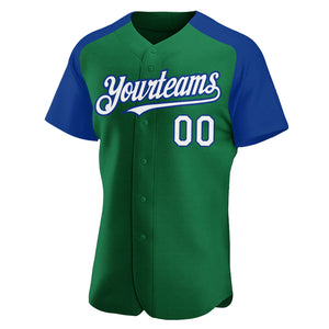 Custom Kelly Green White-Royal Authentic Raglan Sleeves Baseball Jersey