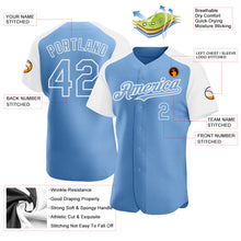 Load image into Gallery viewer, Custom Light Blue White Authentic Raglan Sleeves Baseball Jersey

