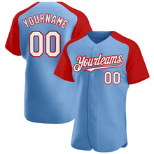 Load image into Gallery viewer, Custom Light Blue White-Red Authentic Raglan Sleeves Baseball Jersey
