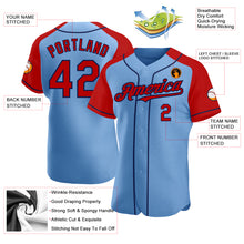 Load image into Gallery viewer, Custom Light Blue Red-Navy Authentic Raglan Sleeves Baseball Jersey
