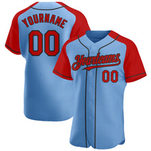 Load image into Gallery viewer, Custom Light Blue Red-Black Authentic Raglan Sleeves Baseball Jersey
