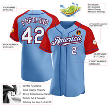 Load image into Gallery viewer, Custom Light Blue White Red-Royal Authentic Raglan Sleeves Baseball Jersey
