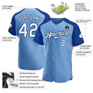 Custom Light Blue White-Royal Authentic Raglan Sleeves Baseball Jersey