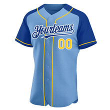 Load image into Gallery viewer, Custom Light Blue Yellow-Royal Authentic Raglan Sleeves Baseball Jersey
