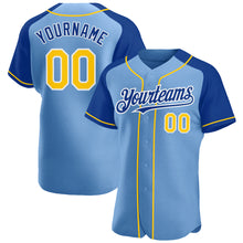 Load image into Gallery viewer, Custom Light Blue Yellow-Royal Authentic Raglan Sleeves Baseball Jersey

