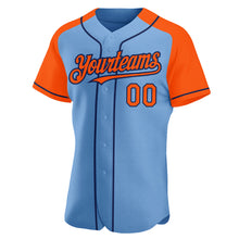 Load image into Gallery viewer, Custom Light Blue Orange-Navy Authentic Raglan Sleeves Baseball Jersey
