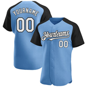 Custom Light Blue White-Black Authentic Raglan Sleeves Baseball Jersey