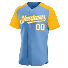 Load image into Gallery viewer, Custom Light Blue White-Gold Authentic Raglan Sleeves Baseball Jersey
