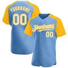 Load image into Gallery viewer, Custom Light Blue White-Gold Authentic Raglan Sleeves Baseball Jersey
